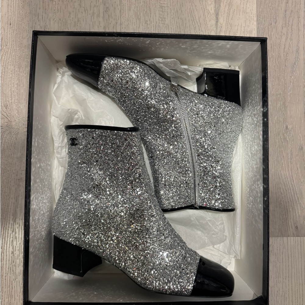 Chanel Silver Glitter Ankle Boots